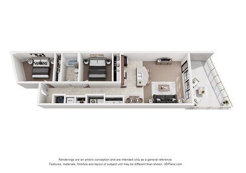 Floor plan for 2 beds, 1 bath, 877 sqft